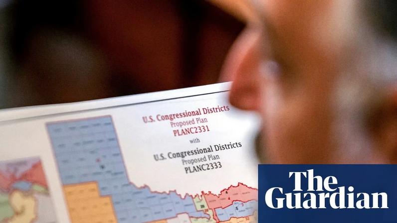 The Texas Republican Matt Morgan holding a map of the proposed congressional districts. Photograph: Sergio Flores/Reuters