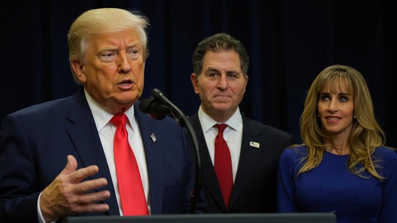 Donald Trump makes an announcement about "Trump accounts", accompanied by the CEO of Dell Technologies, Michael Dell, and his wife Susan Dell, at the White House on 2 December 2025.