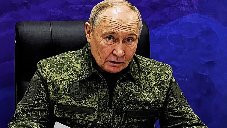 Vladimir Putin delivers a speech dressed in military fatigues as he visits a command post on Monday. Photograph: AP