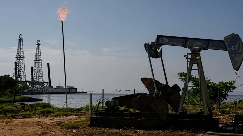 A Petróleos de Venezuela SA (PDVSA) oil pumpjack on Lake Maracaibo in Cabimas, Zulia state, Venezuela, in 2023. Photograph: Gaby Oraa/Bloomberg via Getty Images