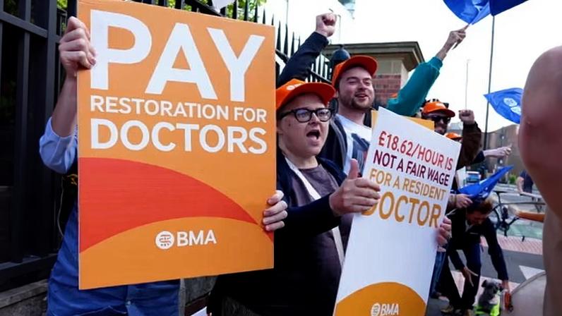 NHS resident doctors protesting outside Royal Victoria Infirmary in Newcastle, during a five-day strike earlier this year.
