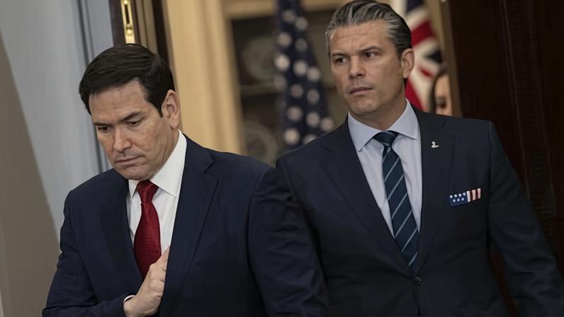 Marco Rubio and Pete Hegseth at the State Department on Monday. Photograph: Anadolu/Getty Images