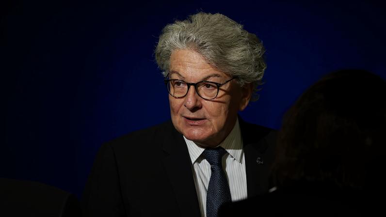 European Commissioner for Internal Market Thierry Breton looks on before French President Emmanuel Macron's speech on Europe in the amphitheatre of the Sorbonne University in Paris, France, 25 April 2024. Christophe Petit Tesson/Pool via REUTERS/File Photo