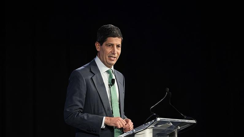 Kevin Warsh, former governor of the Federal Reserve, speaks at the International Monetary Fund headquarters in Washington DC, on 25 April. Photograph: Tierney L Cross/Bloomberg via Getty Images
