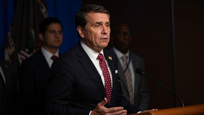 Todd Blanche speaks at the Department of Justice in Washington DC on 19 November 2025.