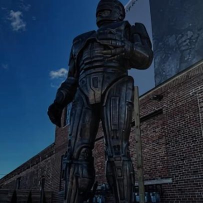 Estátua do RoboCop surge em Detroit, peça de bronze de grande porte