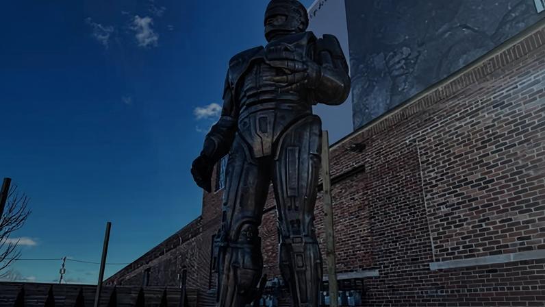 A statue of RoboCop stands outside a business in Detroit's Eastern Market area on Thursday.. Photograph: Mike Householder/AP