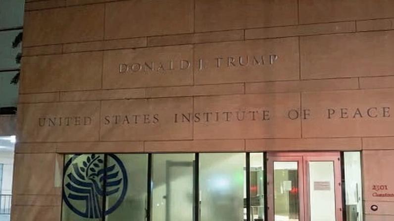The US Institute of Peace building near the state department now bears Donald Trump’s name. Photograph: Andrew Leyden/ZUMA Press Wire/Shutterstock