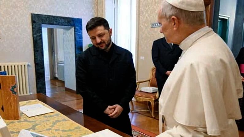 Pope Leo XIV, exchanging gifts with Volodymyr Zelenskyy during an audience at Castel Gandolfo, has criticised the Trump administration’s plan to distance itself from Europe. Photograph: Vatican Pool/Getty Images
