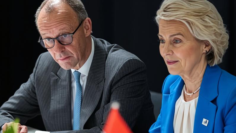 Friedrich Merz with the European Commission president, Ursula von der Leyen, at the EU summit.