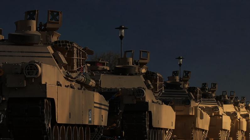 US tanks are seen at a railway station in Lithuania in 2019. The US House has passed a defence bill that bolsters Europe’s security. Photograph: Petras Malūkas/AFP/Getty Images
