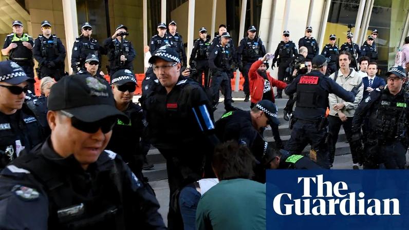 Victoria Police deployed OC spray at a protest outside the Melbourne Exhibition and Convention Centre, Melbourne, on 29 October, 2019. Photograph: James Ross/AAP