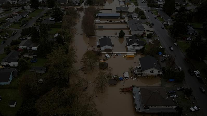 A flooded neighborhood in Burlington, Washington, on 12 December 2025.