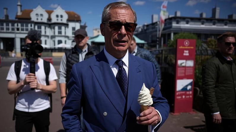 The Reform UK leader, Nigel Farage, in Clacton. The party has strongly denied breaking the law on election spending.