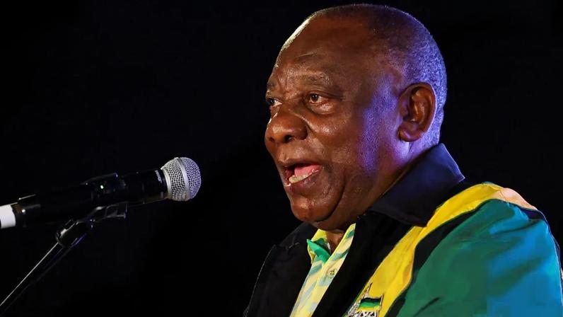 The South African president, Cyril Ramaphosa, speaking at the African National Congress party conference. Photograph: Siphiwe Sibeko/Reuters