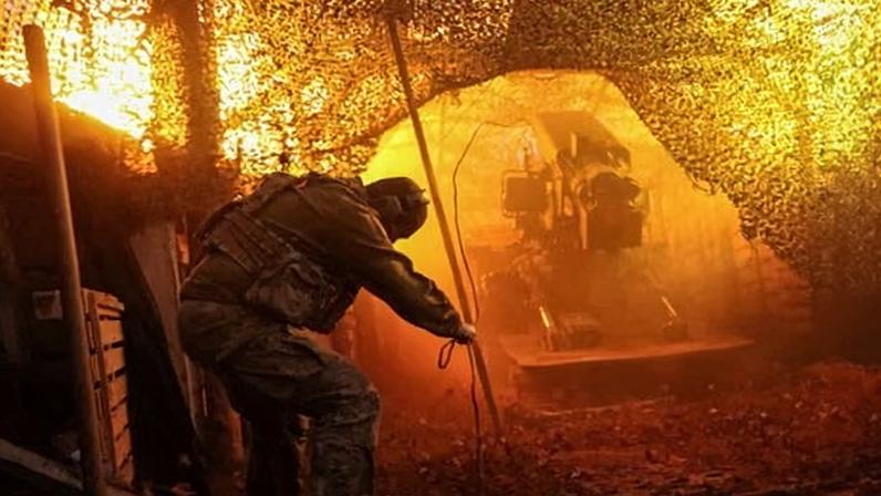 A Ukrainian serviceman fires towards Russian troops near the frontline town of Kostiantynivka, in the Donetsk region, on Monday. EU officials estimate Ukraine needs €136bn in 2026 and 2027 to continue its defence and keep the country running.
