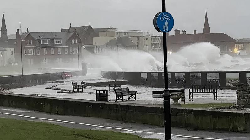 Waves swept across the seafront at Troon as Storm Bran battered Scotland