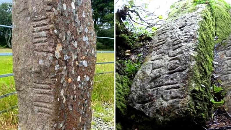 Inscriptions on stones using the Ogham alphabet – here seen in Ireland (left) and Cornwall – will provide source material for the new Celtic dictionary.