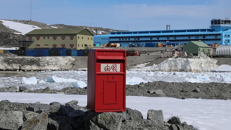 The newly acquired postbox outside Rothera Research Station, giving staff a way to send letters from one of the most remote places on Earth. Photograph: British Antarctic Survey