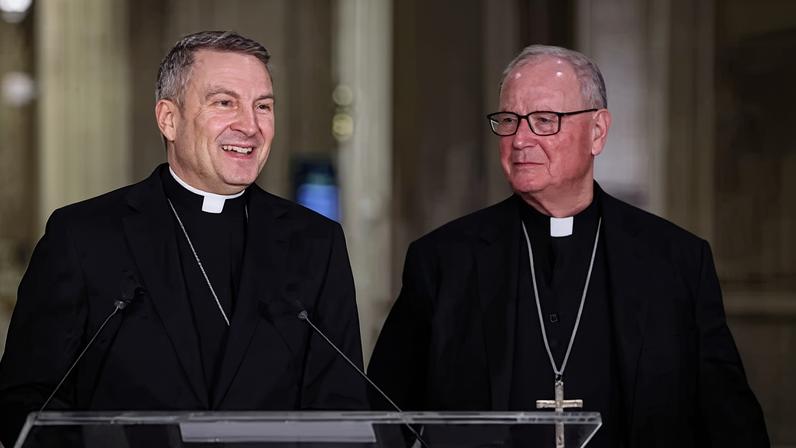 Ronald Hicks and Timothy Dolan, outgoing archbishop of New York, at St Patrick’s Cathedral in New York City on 18 December 2025.