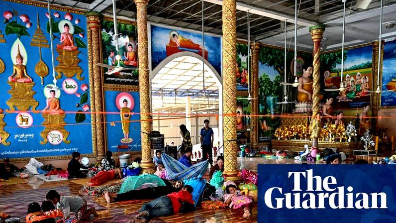 Displaced residents rest inside a temple after they evacuated following clashes along the Cambodia-Thailand border, in Siem Reap province on 9 December, 2025. Photograph: Tang Chhin Sothy/AFP/Getty Images
