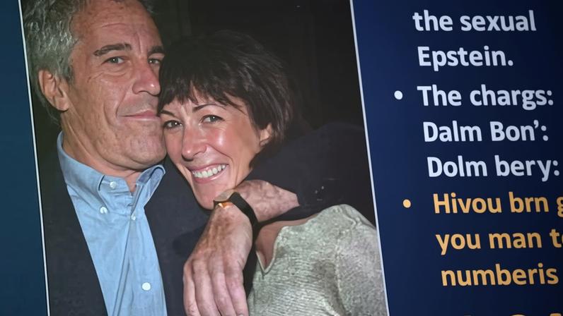 Audrey Strauss, US attorney for the southern district of New York, points at an image of Jeffrey Epstein and Ghislaine Maxwell in New York on 21 July 2020. Photograph: Johannes Eisele/AFP/Getty Images