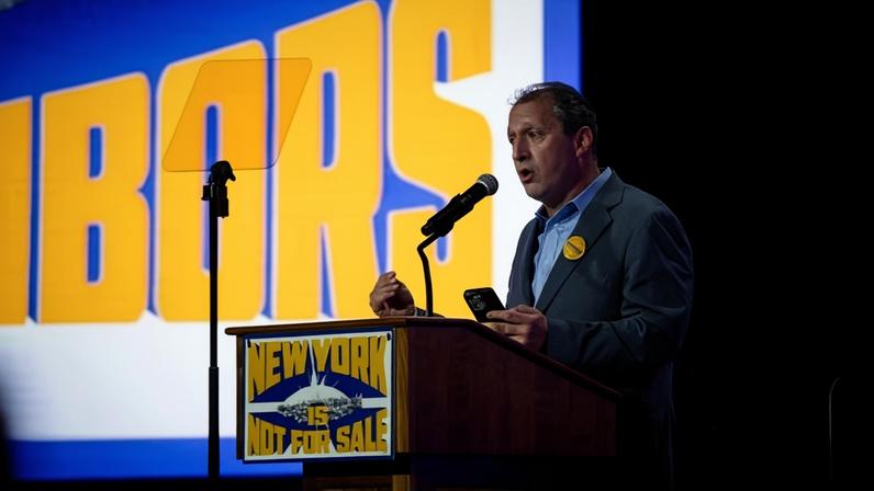 New York City comptroller, Brad Lander, speaks at a rally for Democratic mayor-elect Zohran Mamdani at Forest Hills Stadium in Queens, New York, on 26 October 2025.