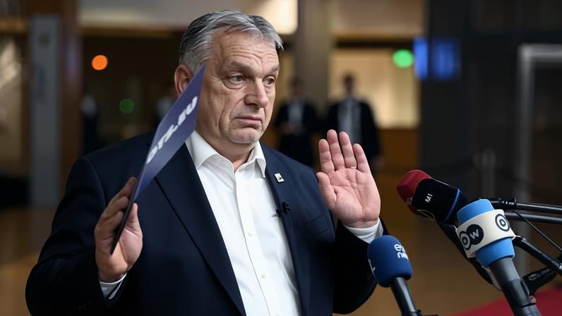 Viktor Orbán speaks during a press conference at the end of the European Council meeting in Brussels to decide the make-up of a loan to Ukraine.