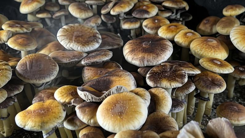 Psylocybin mushrooms grow in a humidified monotub in a the basement of a private home in Connecticut.