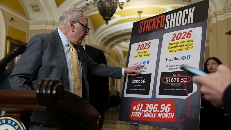 Chuck Schumer speaks about potential increases in health care premiums if Affordable Care Act subsidies expire at a press conference in Washington DC on 15 October 2025. Photograph: Nathan Posner/Anadolu via Getty Images