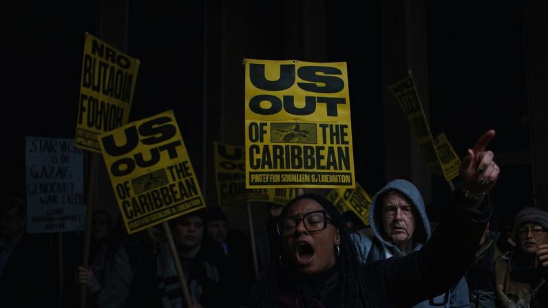 Protesters gather in Manhattan on Saturday for a No War in Venezuela rally. Photograph: Neil Constantine/NurPhoto/Shutterstock