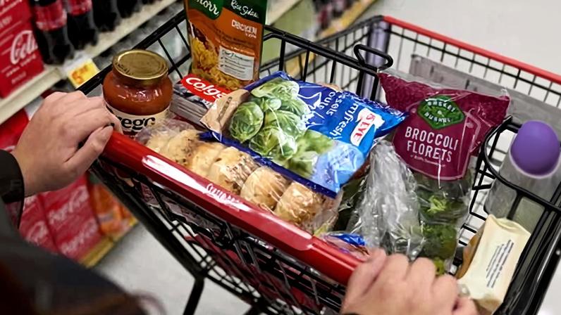 Supermarket cart. Nearly half of Americans are finding their monthly bills, from groceries to healthcare, difficult to afford, new poll says.