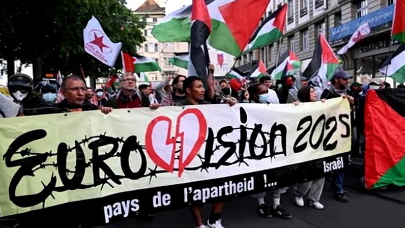 Protesters during a demonstration against Israel’s participation in the final of the Eurovision song contest in Basel in 2025. Photograph: Sébastien Bozon/AFP/Getty Images