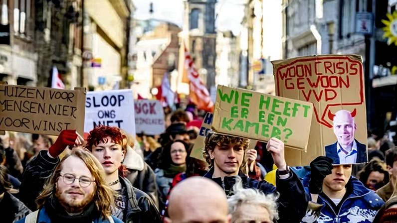 A demonstration over housing in Amsterdam in 2023. Photograph: Hollandse Hoogte/REX/Shutterstock