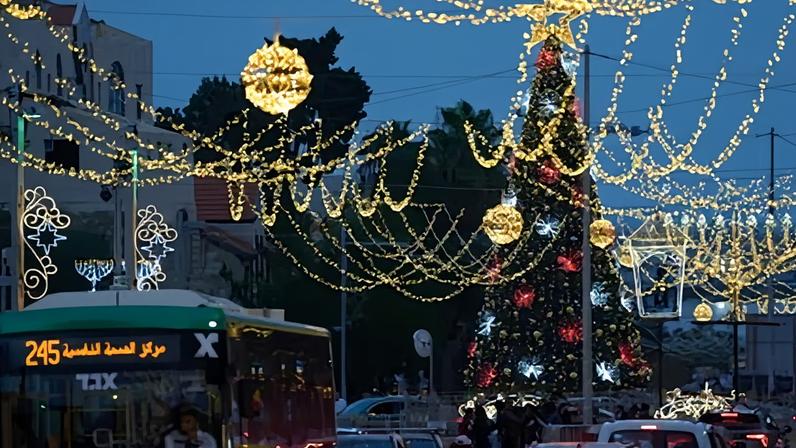Holiday lights illuminate Haifa. Israeli police said the man wearing the Santa Claus costume resisted arrest and assaulted an officer.