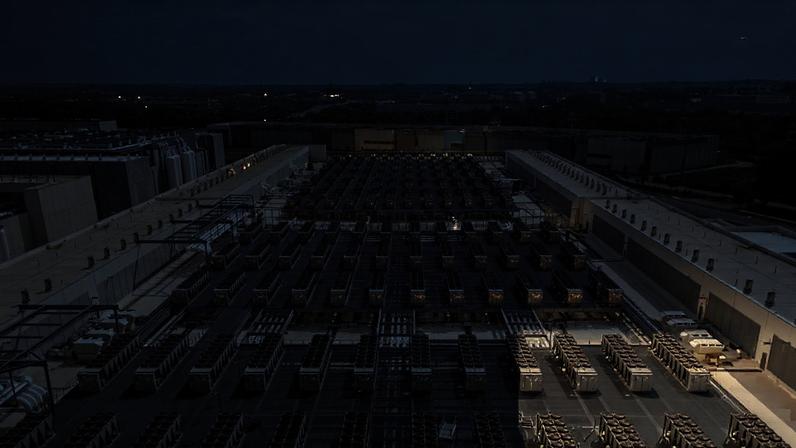 An image made with a drone shows air handling units on the roof of a CloudHQ data center in Ashburn, Virginia.