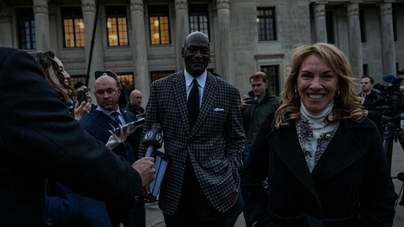 Michael Jordan, co-owner of 23XI Racing, departs the Charles R Jonas Federal Building in Charlotte, North Carolina.