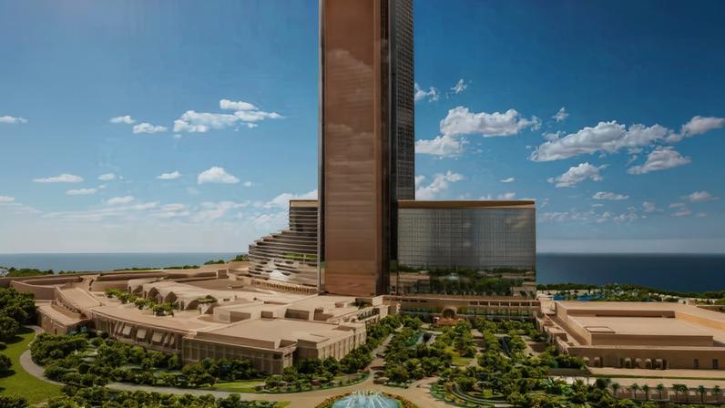 Left: A rendering of the Wynn Al Marjan Island hotel resort, and right: Jeff Koons's Tulips (1995-2004) Courtesy of Wynn Resorts