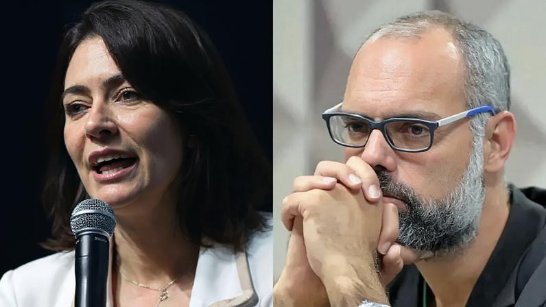 Michelle Bolsonaro e Allan dos Santos (Foto: Andre Borges/EFE; Alessandro Dantas/Agência Senado)