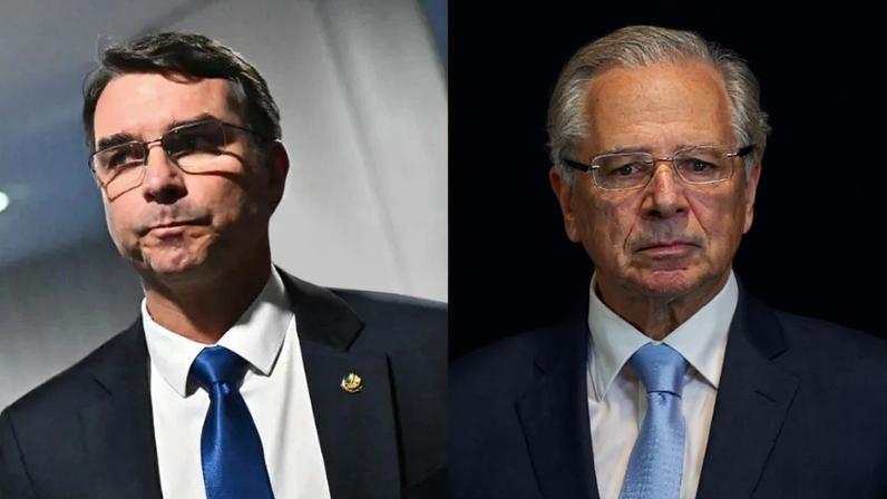 Senador Flávio Bolsonaro (PL-RJ) e ex-ministro da Economia Paulo Guedes. (Foto: Andre Borges/EFE; Joédson Alves/EFE)