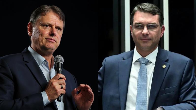 Governador de São Paulo, Tarcísio de Freitas (Republicanos) e senador Flávio Bolsonaro (PL-RJ) (Foto: Pablo Jacob / Governo de São Paulo; Carlos Moura/Agência Senado)