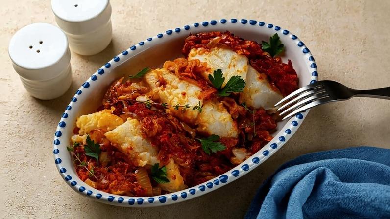 Bacalhau assado no molho de tomate (Imagem: OlgaBombologna | Shutterstock)