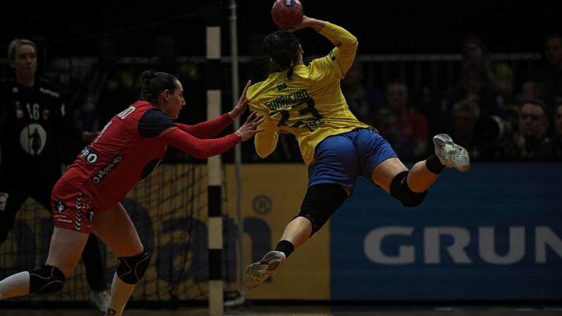 Giulia Guerreiro arremessa bola em jogo entre Brasil e Noruega, pelo Mundial de Handebol Feminino (Foto: Ina Fassbender/AFP)
