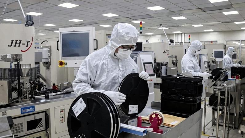 Employees inspect semiconductor chips at a factory in Binzhou, in eastern China's Shandong province.
