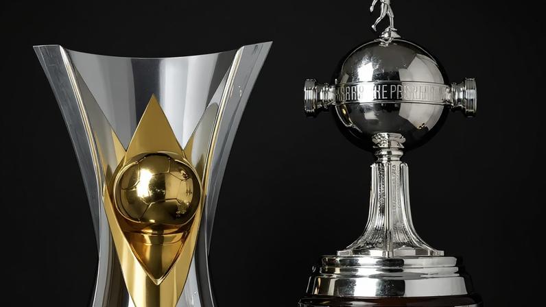 Taça do Campeonato Brasileiro Série A e a taça da Copa Libertadores lado a lado (Imagem gerada via inteligência artificial)