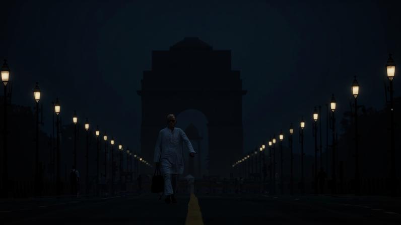 A commuter walks near India Gate amid heavy smog pollution in New Delhi on Oct. 29, 2025.