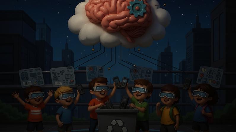 Imagem feita por inteligência artificial mostra crianças se livrando do celular mas, ao mesmo tempo, se conectando com a inteligência artificial