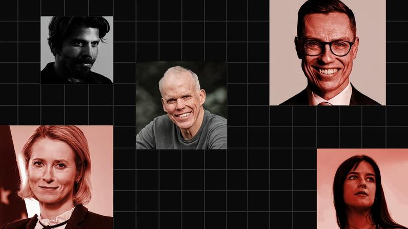 Grid of five headshots, some are black and white and some have a read overlay.