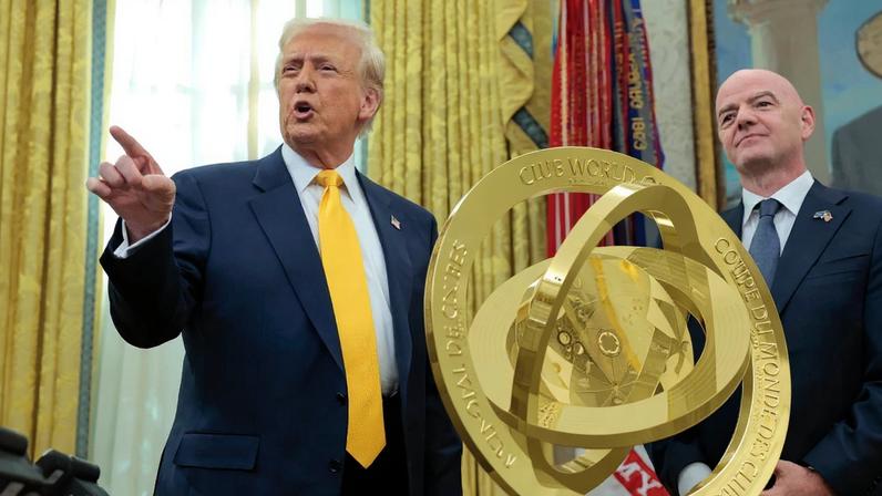 President Donald Trump speaks alongside President of Fédération Internationale de Football Association (FIFA) Gianni Infantino after unveiling the 2025 Club World Cup trophy in the Oval Office at the White House on March 07, 2025 in Washington.