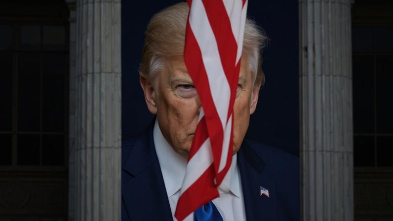 A banner showing an image of U.S. President Donald Trump is seen behind a U.S. flag outside a U.S. Department of Agriculture building in Washington.